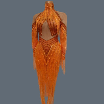 Orange Sparkly Crystal Fringe Bodysuit Off-Shoulder Stage Performance Costume Leotard