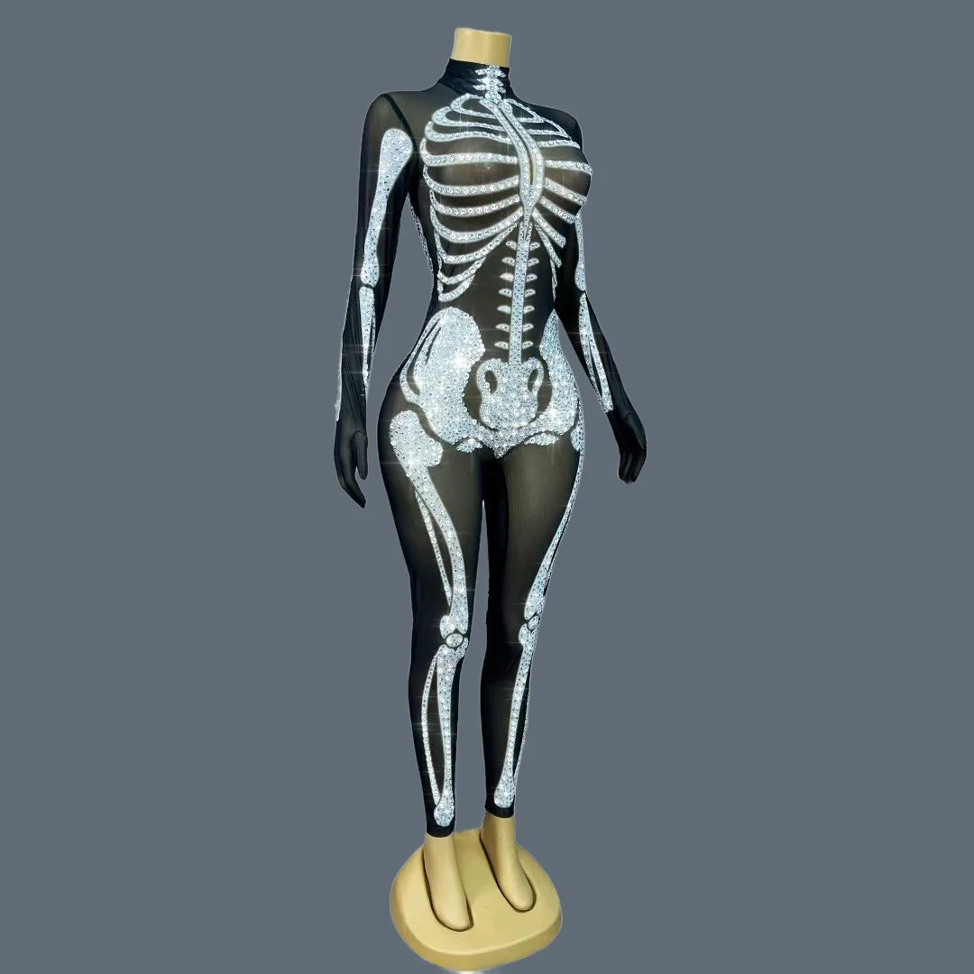 Skeleton Print Spandex Jumpsuit Drag Queen Performer Halloween Bodysuit
