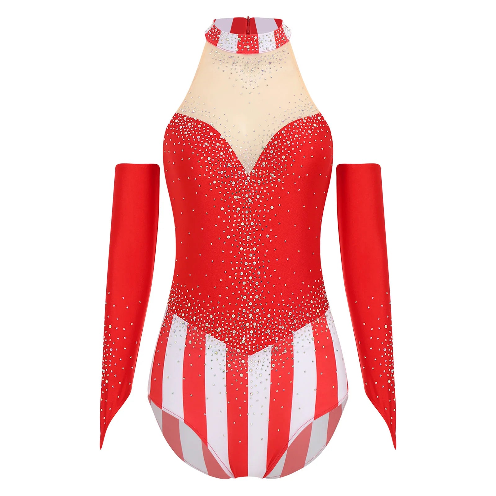 Circus Ringmaster Rhinestone Striped Leotard & Fingerless Gloves Costume Set