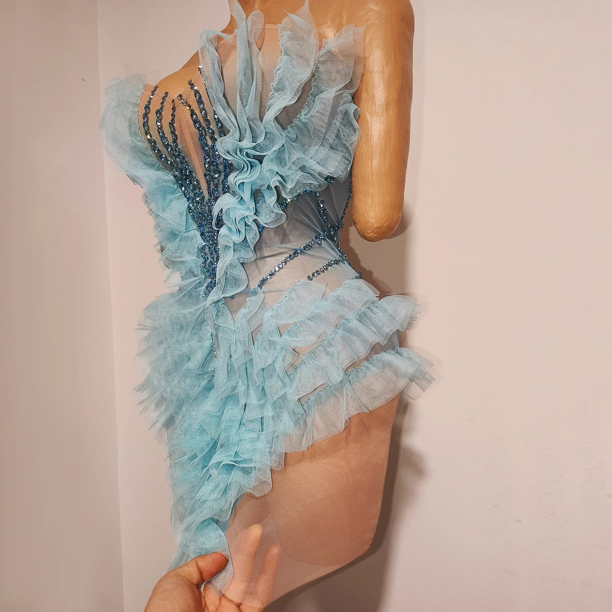 Vintage-Inspired Sparkly Rhinestone Sheer Blue Geometric Pattern Tube Short Dress