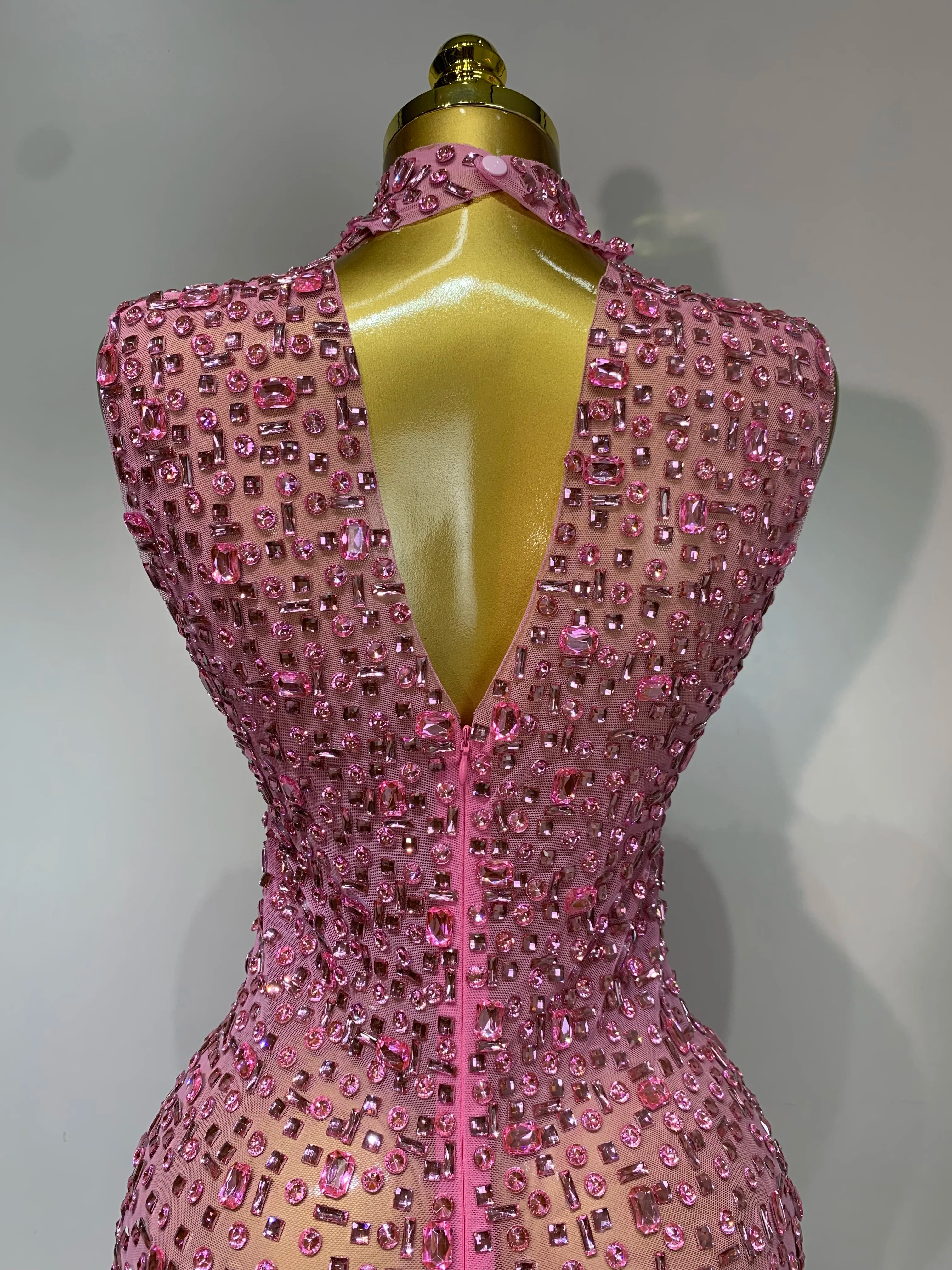 Sparkly Rhinestone Sleeveless Maxi Long Dress See-Through Sheer Mesh Stage Outfit