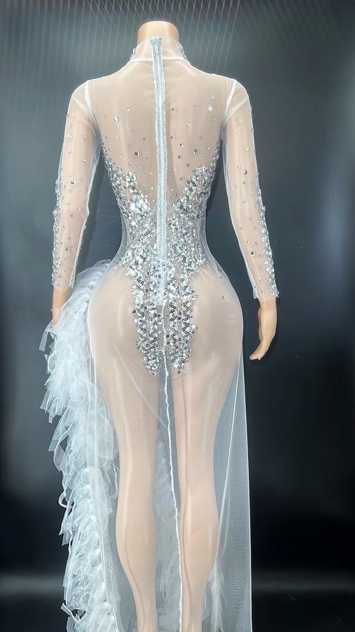 Sparkly Silver Sequin Long Sleeve Mesh Evening Dress High Split Stage Birthday Gown