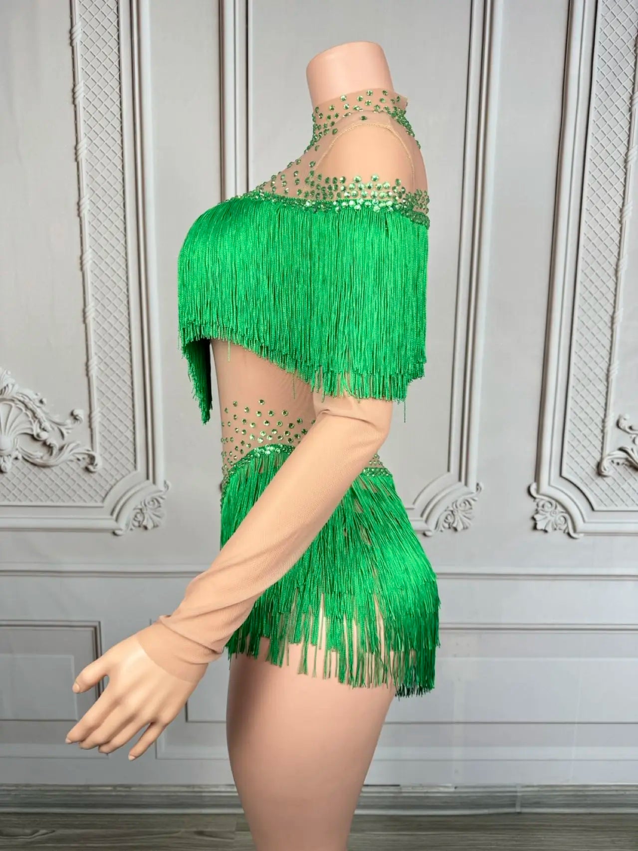 Sparkly Rhinestone Tassel Fringe Dance Performance Costume Stage Bodysuit