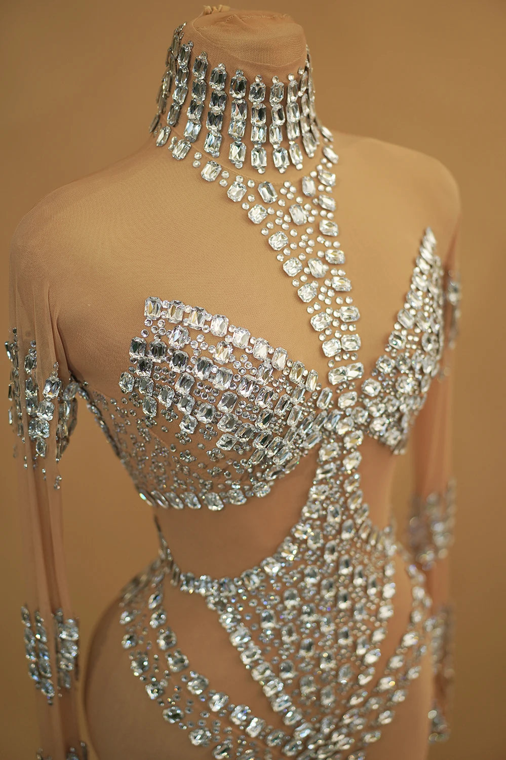 Sparkly Silver Rhinestone Sheer Mesh Jumpsuit Stage Performance Costume