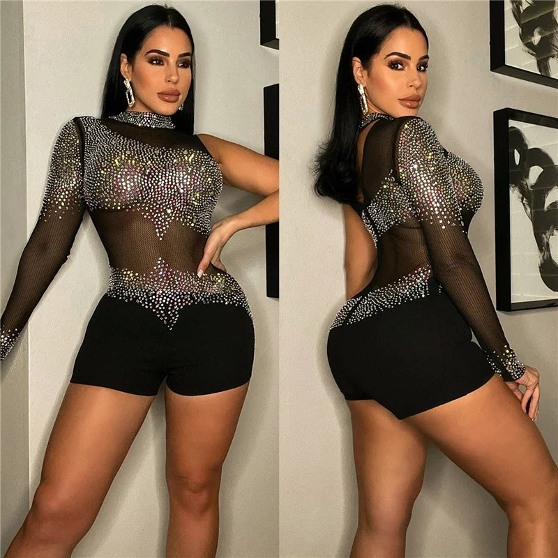 Sparkly Rhinestones Mesh Romper