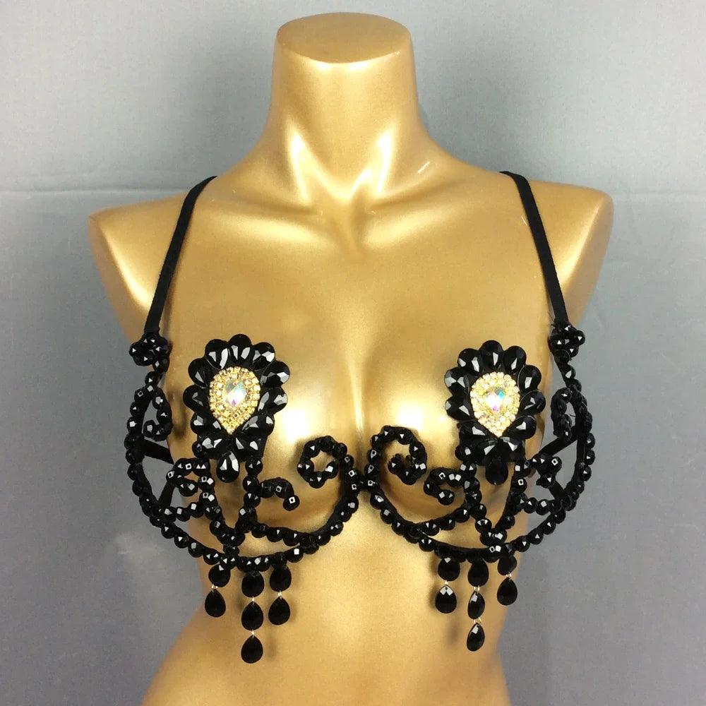 Dazzling Rainbow Crystal Stone Belly Dance Bra & Samba Carnival Performance Top