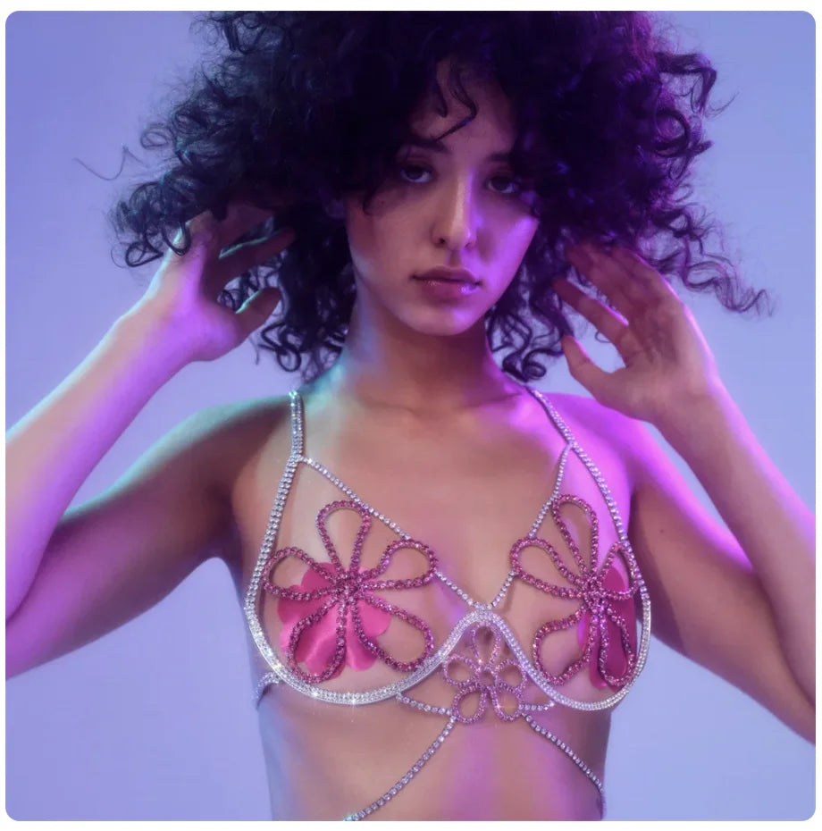Floral Rhinestone Bra & Brief Body Jewelry