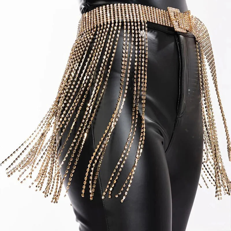Rhinestone Buckle Tassel Waist Chain