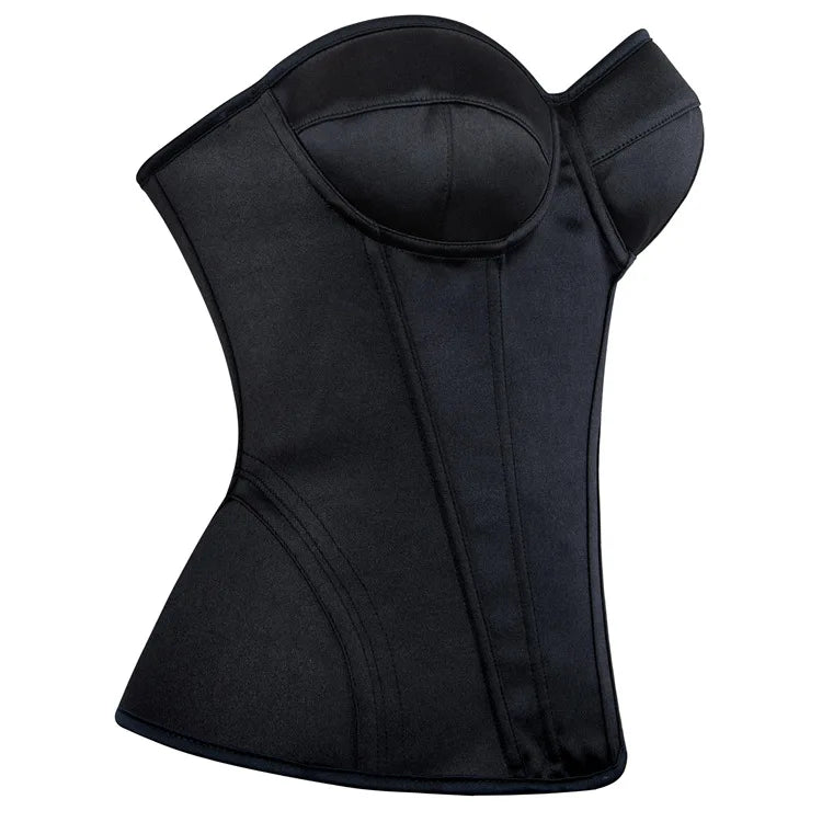Overbust Corset Bustier Top Built-In Bra Cup Lace-Up Waist Cincher