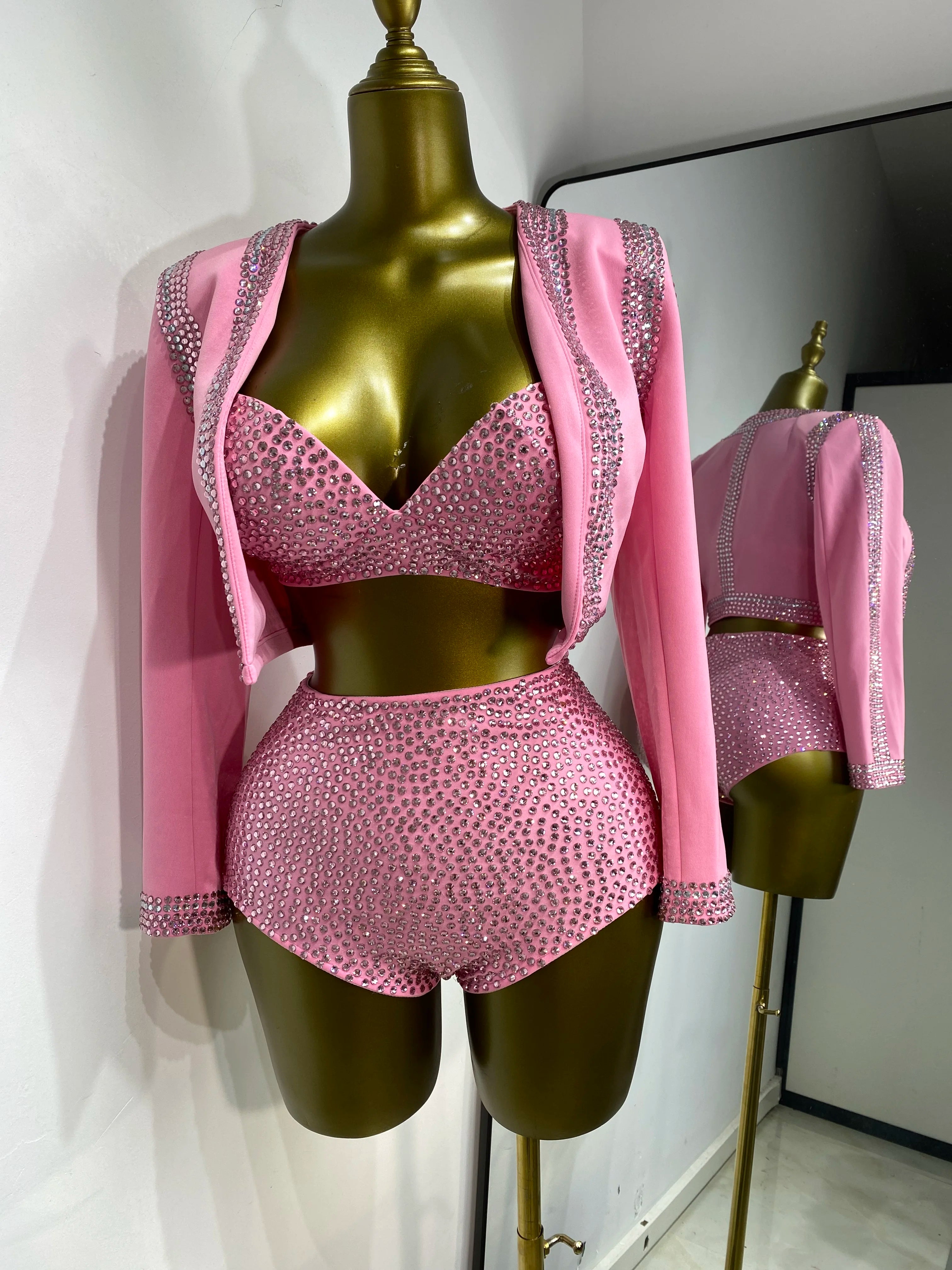 Rhinestone Bustier, High-Waist Mini Shorts & Cropped Jacket 3-Piece Performance Costume Set