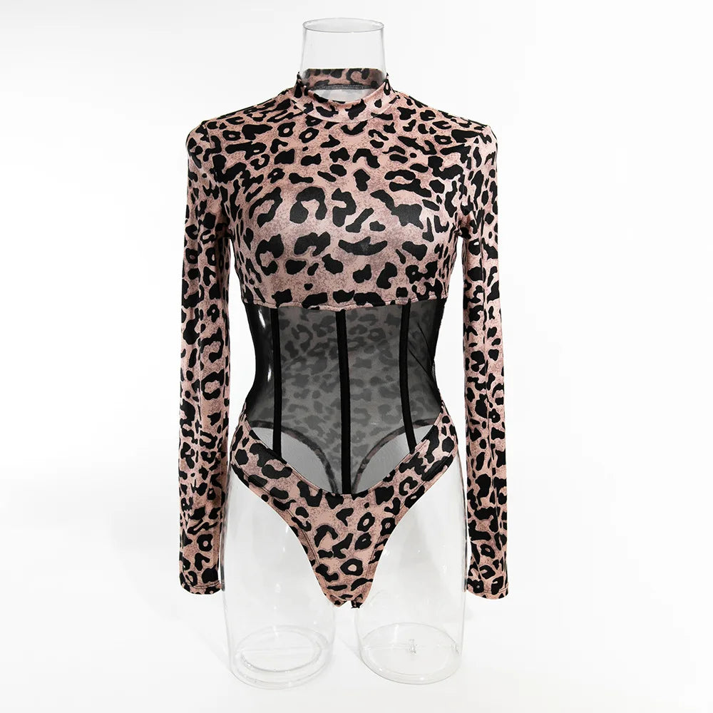 Leopard Print Sheer Mesh Corset Bodysuit Long Sleeve Stage Performance Dancewear