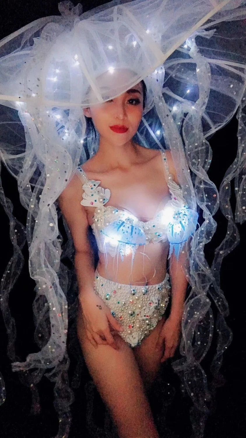 Pearl & Crystal Bustier Bikini Set & LED Illuminated Jellyfish Tentacle Headdress Stage Costume