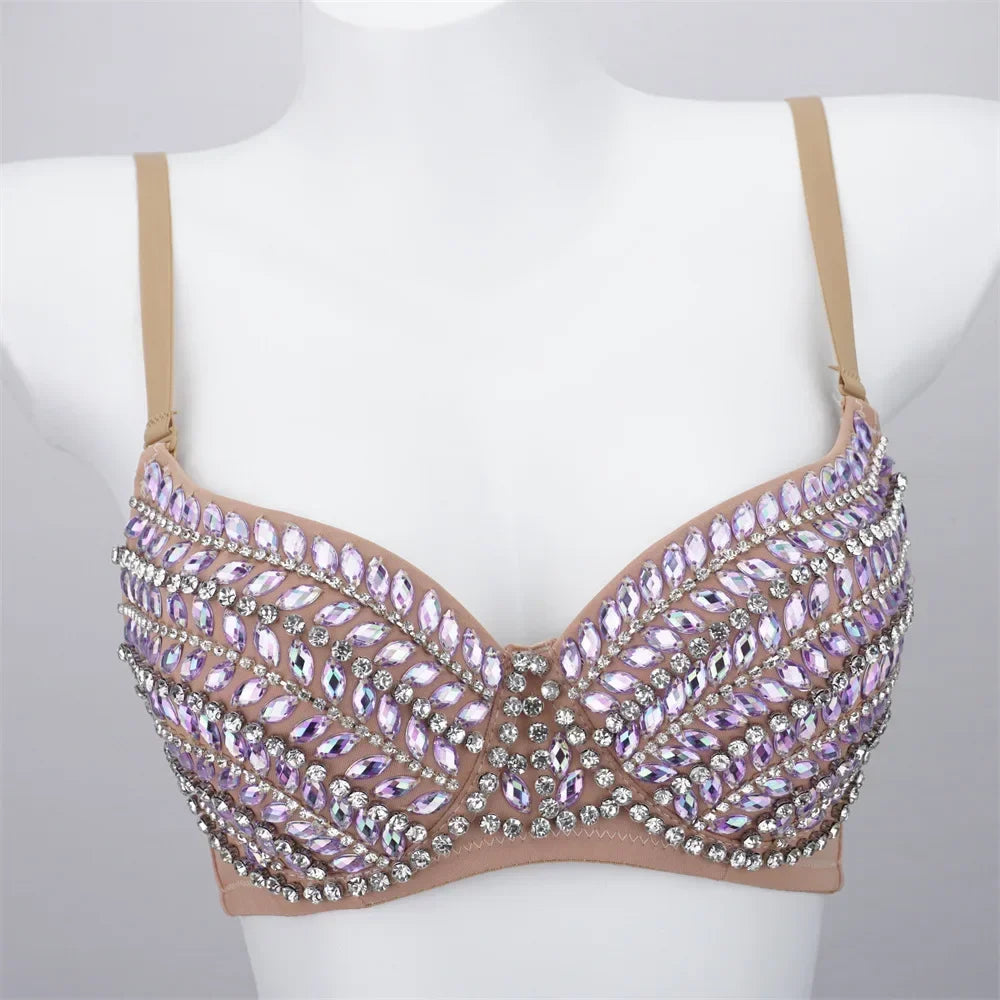 Sparkly Rhinestone Push-Up Bra Corset Top Showgirl Stage Performance Bustier