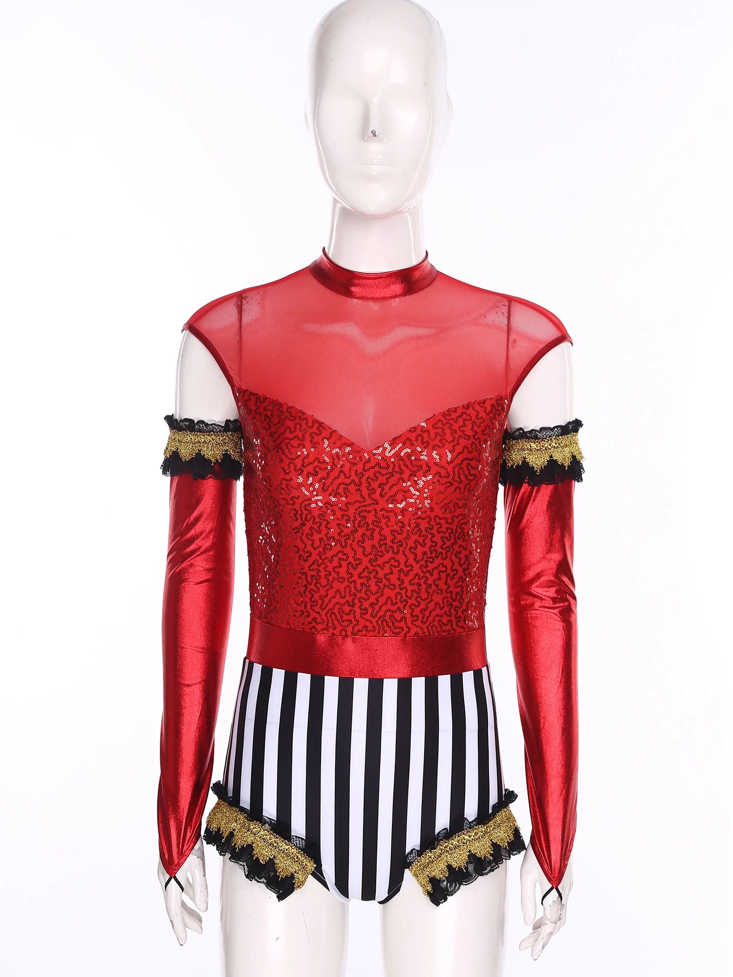 Circus Ringmaster Sequin Striped Bodysuit & Metallic Gloves 2-Piece Stage Costume Set