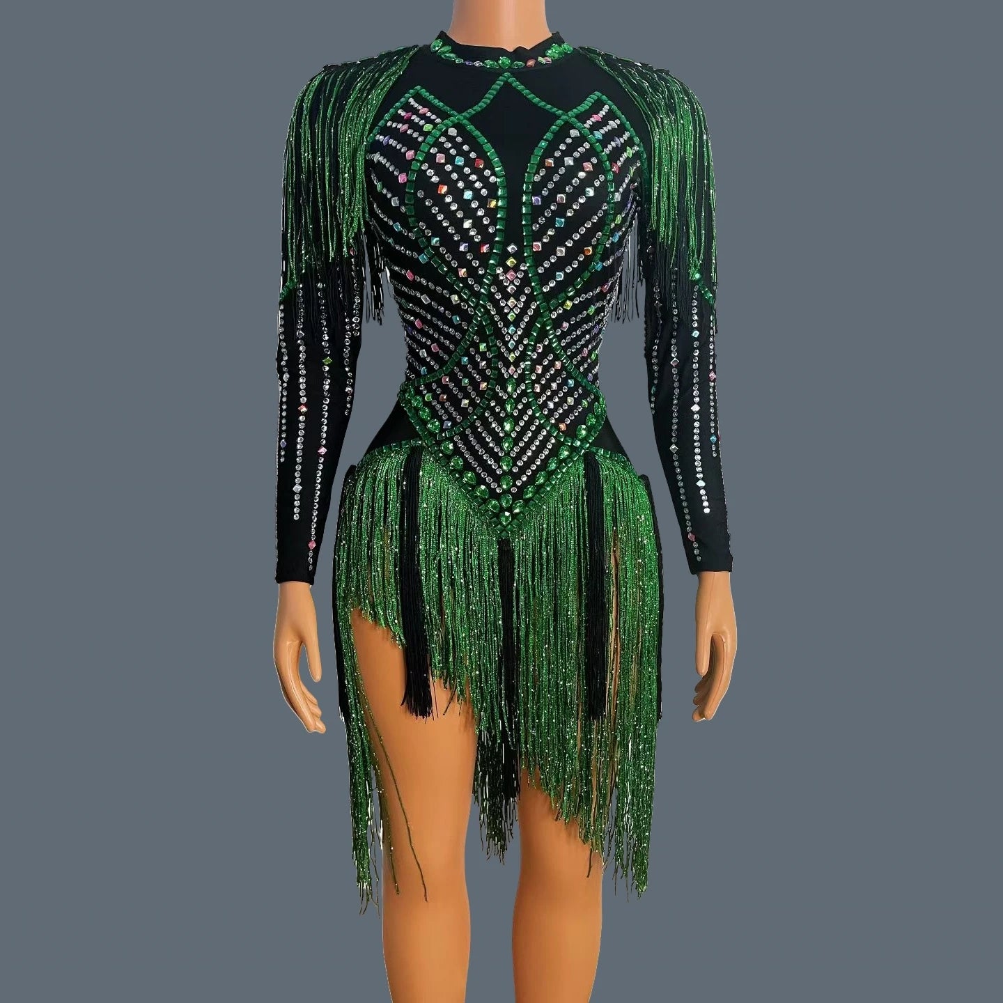 Sparkly Rhinestone Tassel Fringe Dance Performance Mini Dress Stage Bandage Dress