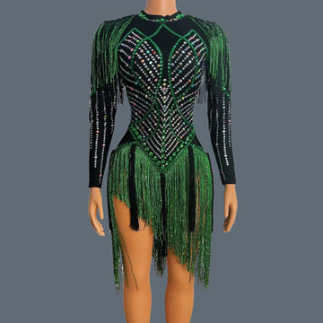Sparkly Rhinestone Tassel Fringe Dance Performance Mini Dress Stage Bandage Dress