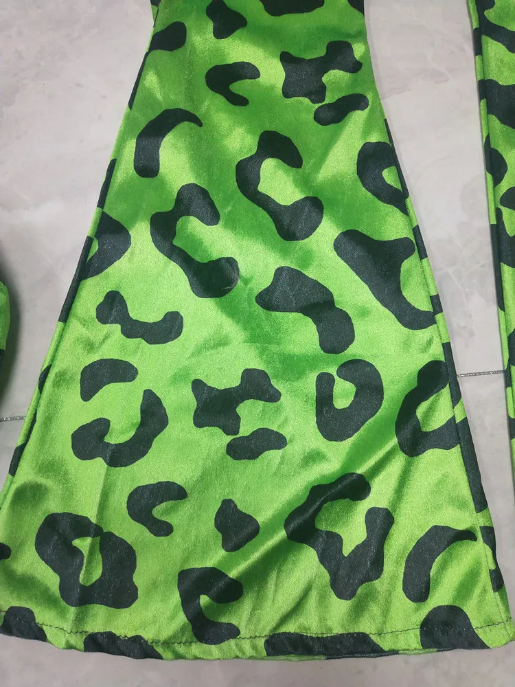 Neon Green Leopard Bikini Top, Wide-Leg Chaps Pants & Hat 4-Piece Stage Dance Costume Set