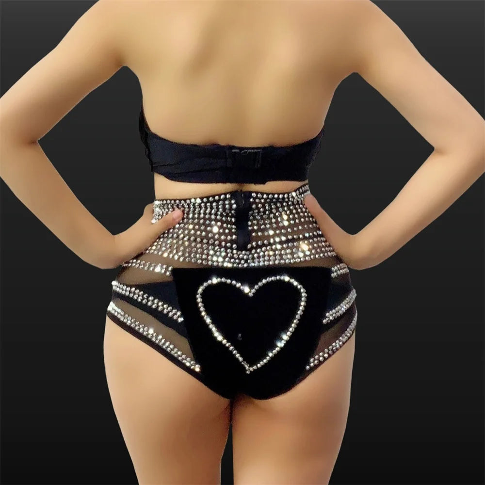 Black Rhinestone Grid Bikini & Feather Wing Headpiece Gogo Stage Costume Set