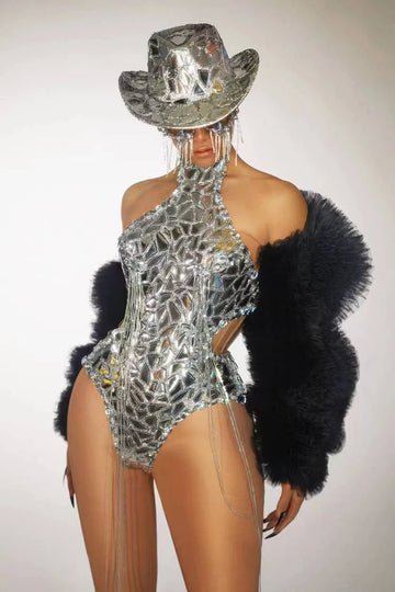 Silver Mirror Asymmetrical Bodysuit, Sculpted Captain Hat & Puffer Bolero Coat 3-Piece Stage Costume Set