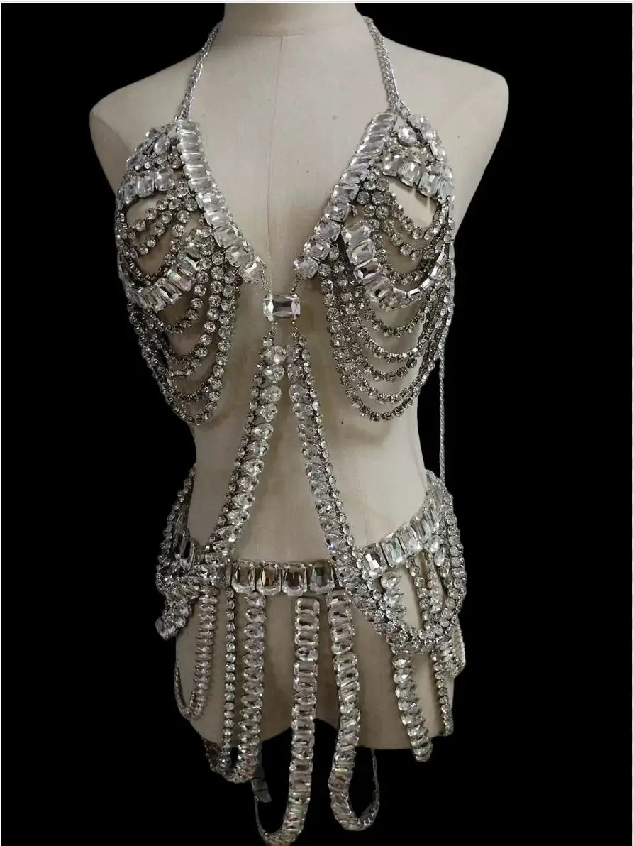 Dazzling Multilayer Crystal Chest & Waist Body Chain Set
