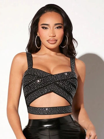 Black Crystal Strap Cutout Crop Top