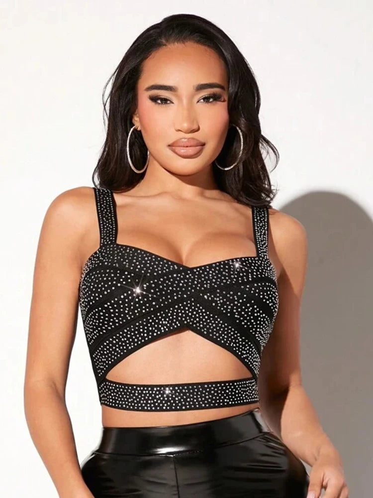Black Crystal Strap Cutout Crop Top