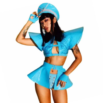 Sky Blue Armor Crop Top, Flared Skirt, Hat & Wrist Cuffs 4-Piece Stage Costume Set