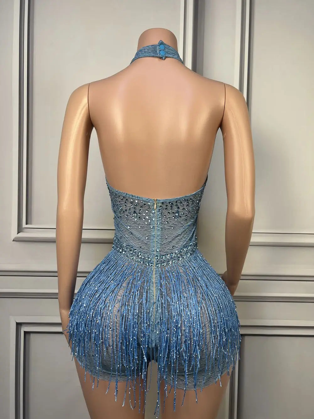 Sparkly Rhinestone Tassel Halter Bodysuit Deep V Backless Stage Dance Leotard