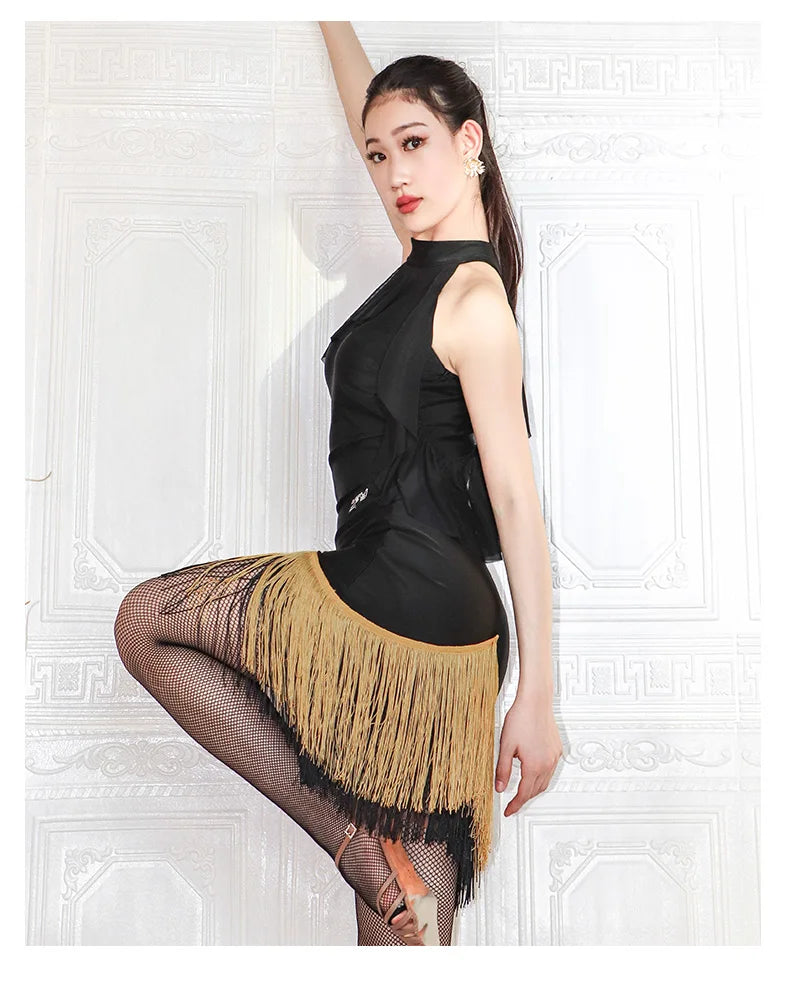 Black High-Neck Short-Sleeve Bodysuit & Gold Fringe Skirt Latin Dance Costume Set
