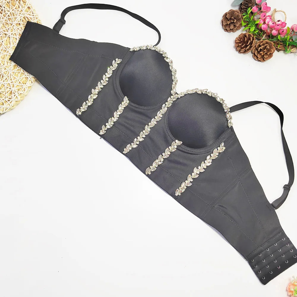 Crystal Chain Strap Bustier Corset Crop Top Hook-and-Eye Stage Bralette