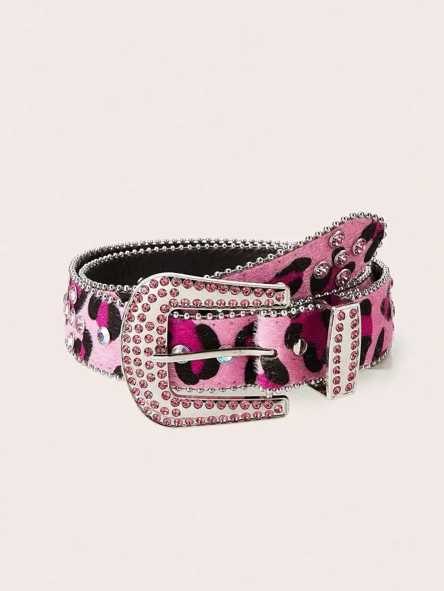 Rhinestone Embellished Animal Print PU Leather Belt