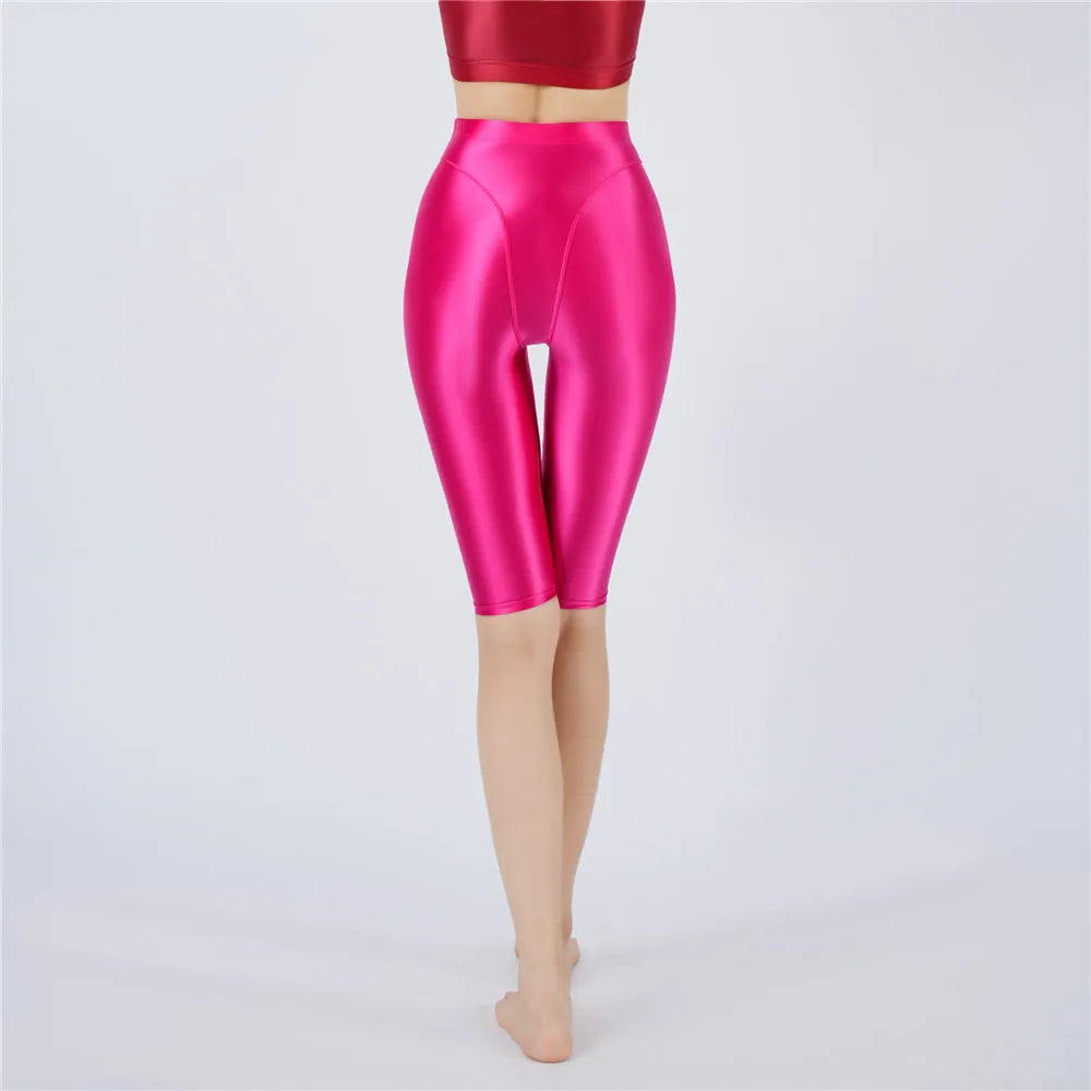 Oil Glossy High-Stretch Knee-Length Shorts Satin Shine Performance Biker Shorts