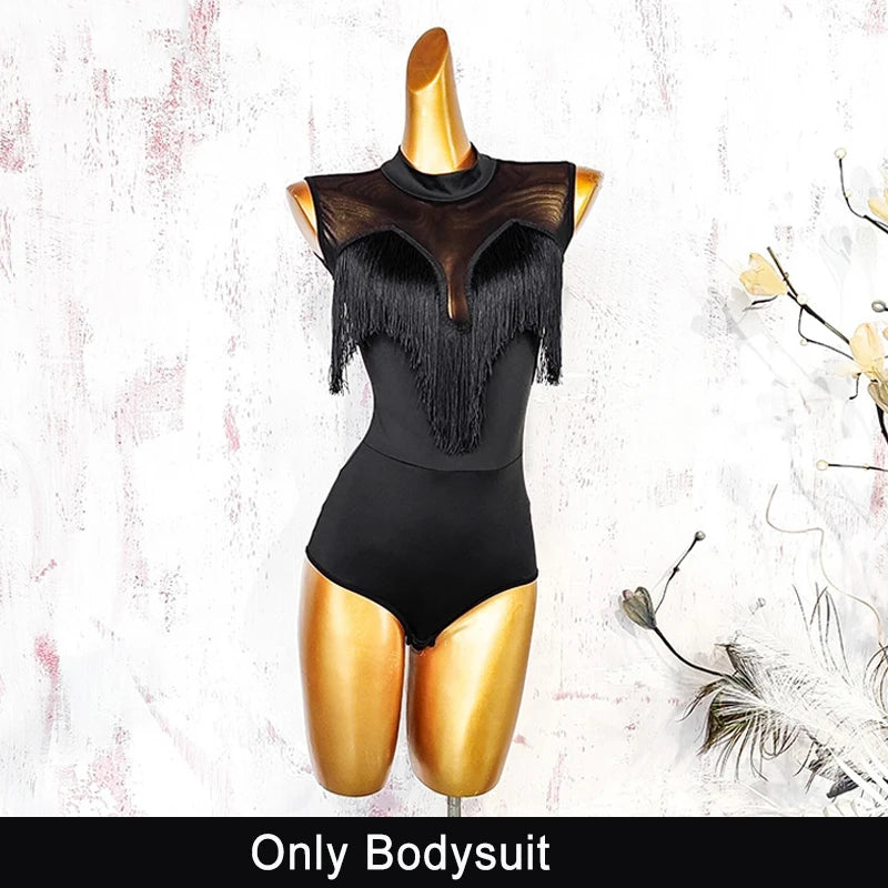 Black Open-Back Leotard & Leopard Print Fringe Skirt Latin Dance Costume Set