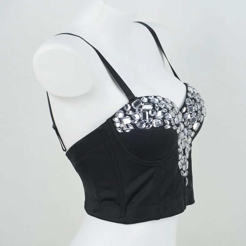 Black Crystal Bustier Corset Crop Top Beaded Stage Costume Evening Bralette