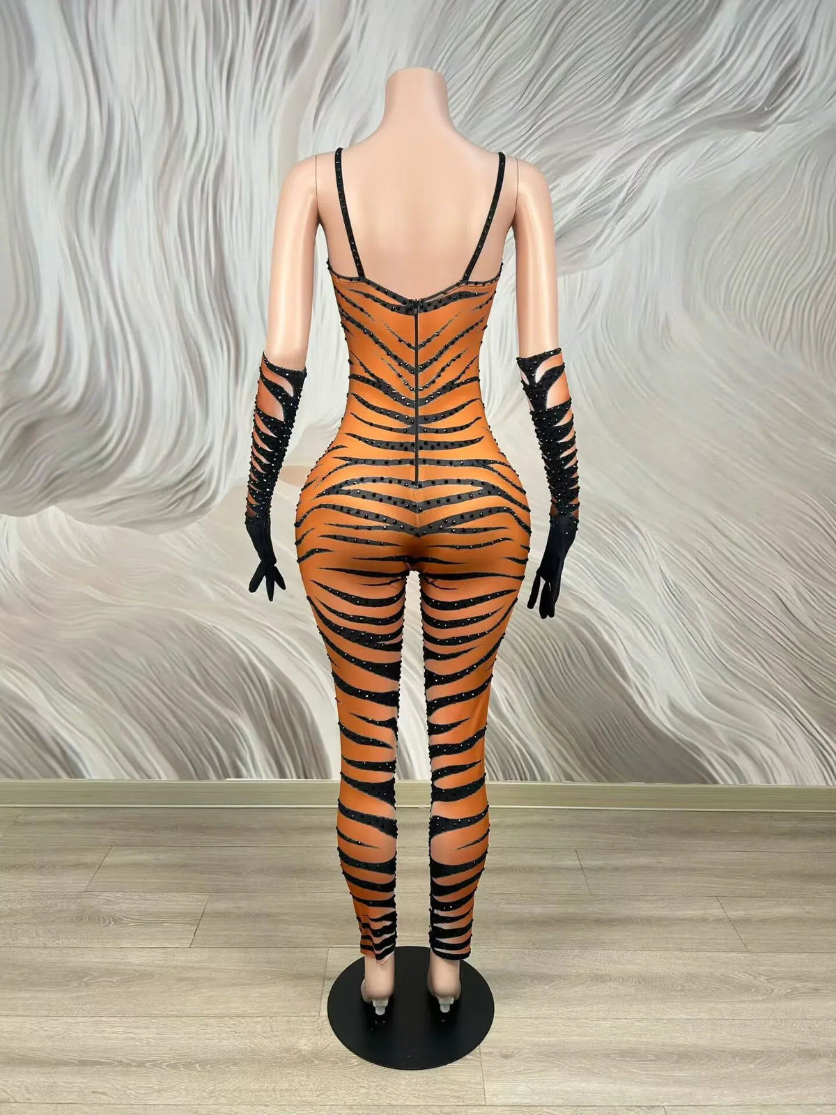 Women's Tiger Stripe Strapless Bodycon Jumpsuit | Sexy Stage Costume for Club, Festival & Halloween