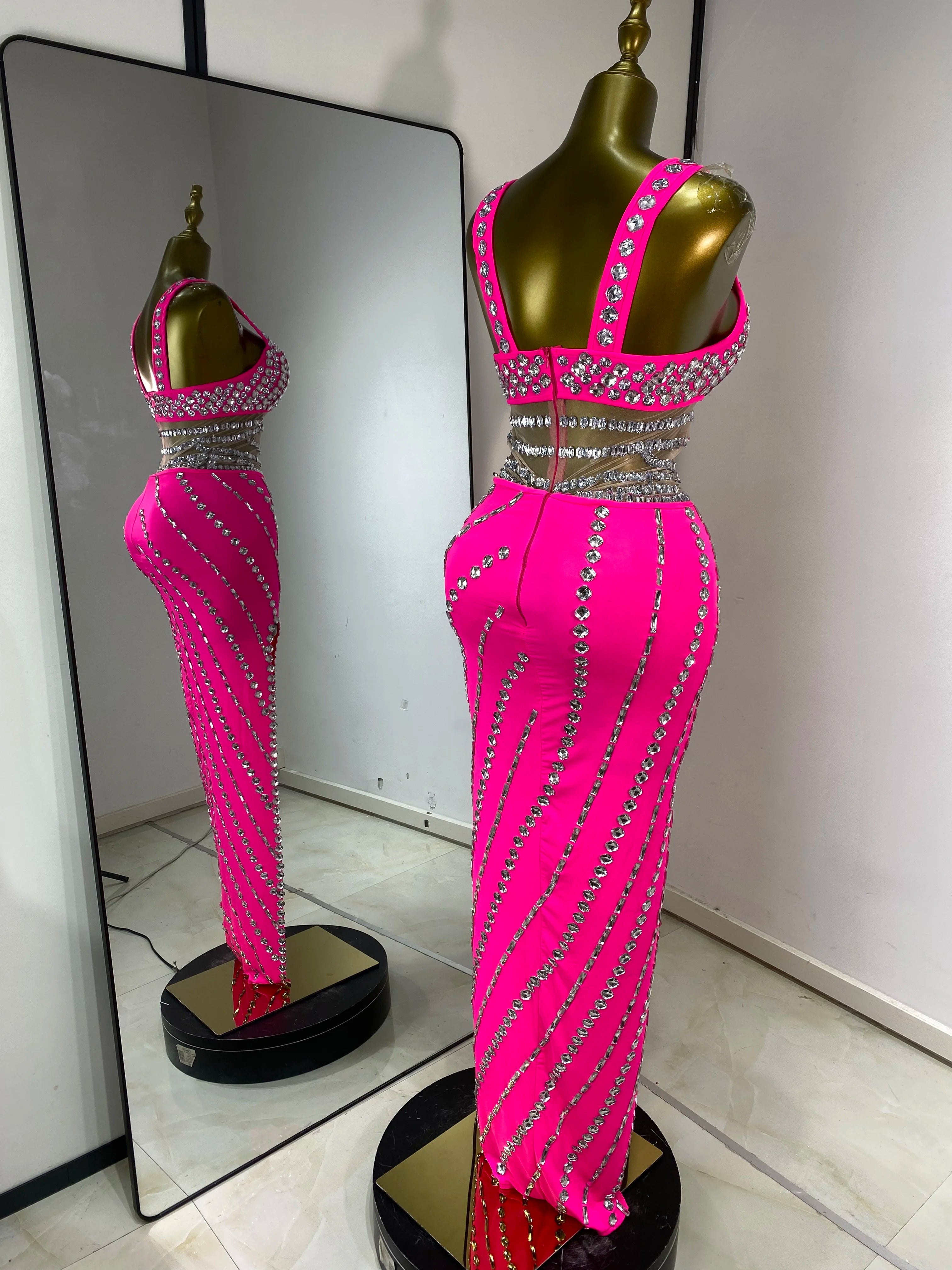Hot Pink Rhinestone & Tulle Inset Open-Leg Maxi Evening Gown