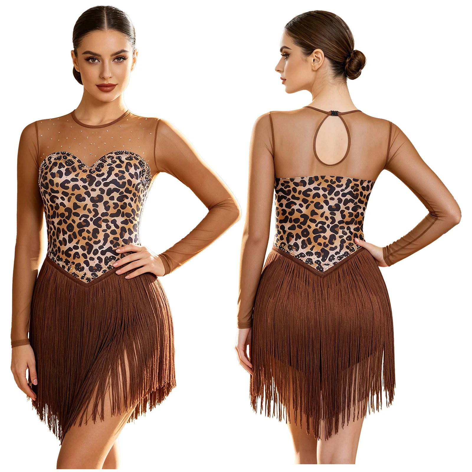 Leopard Rhinestone Fringe Latin Dance Bodysuit Mesh Long Sleeve Stage Performance Dress
