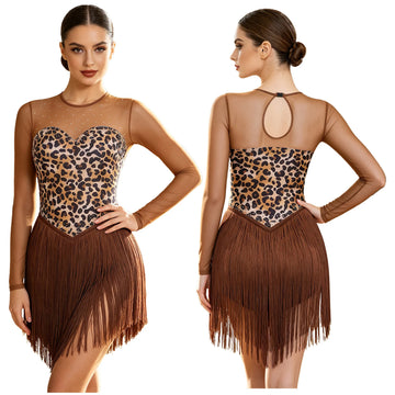 Leopard Rhinestone Fringe Latin Dance Bodysuit Mesh Long Sleeve Stage Performance Dress