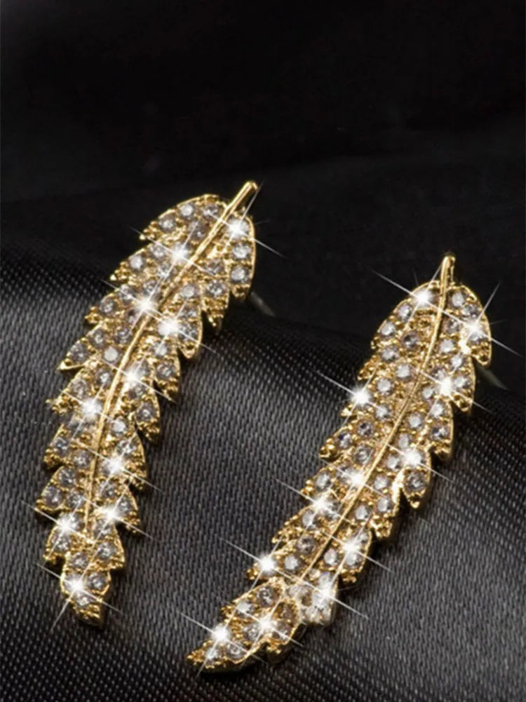 Crystal Leaf Feather Ear Climbers