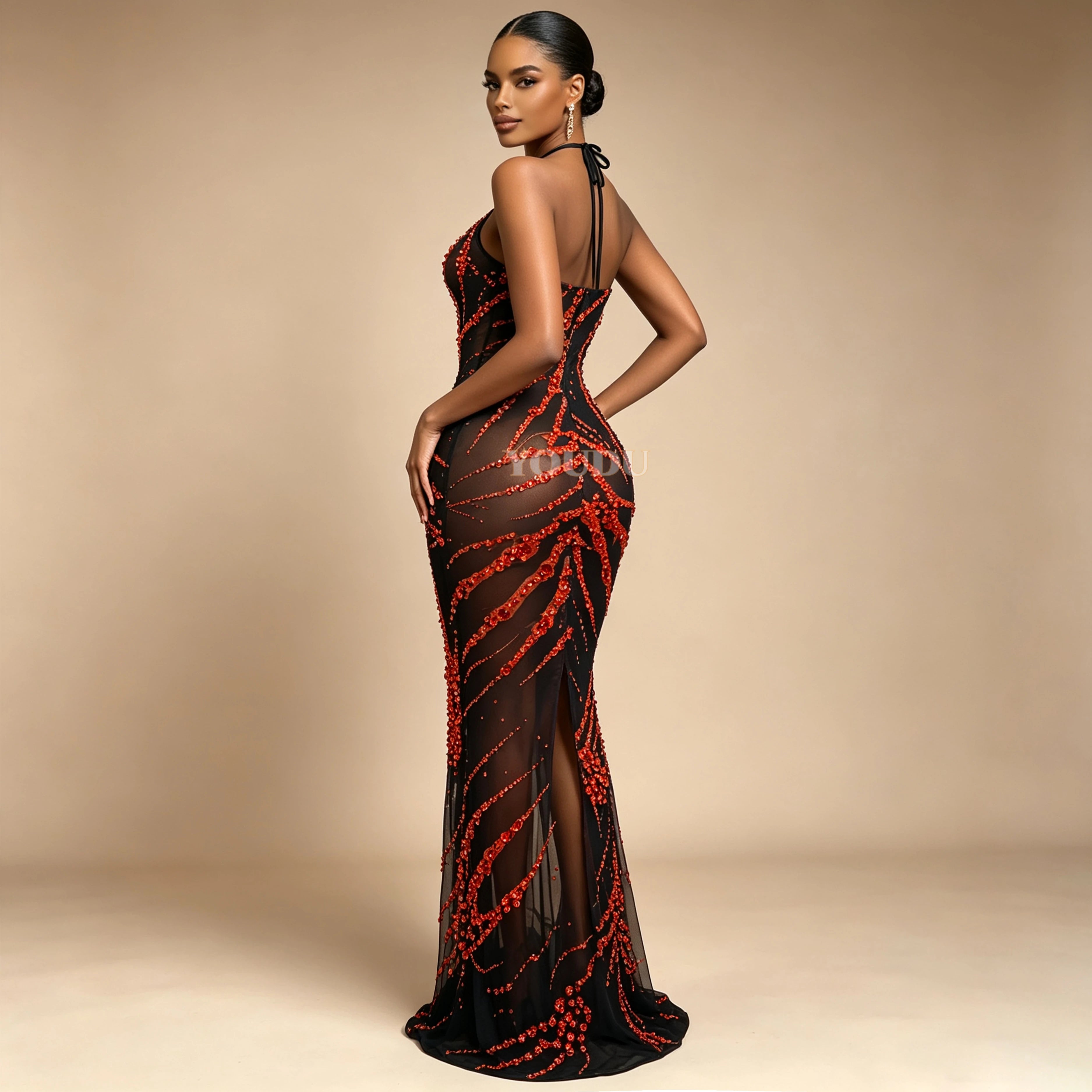 Crimson & Black Graphic Rhinestone Halter Maxi Gown Backless Illusion Evening Dress