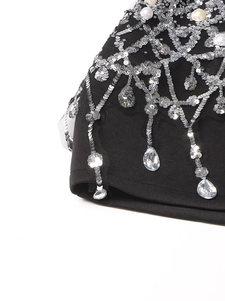 Patchwork Sequins Long Sleeve High Waist Spliced Pearls Mini Dresse