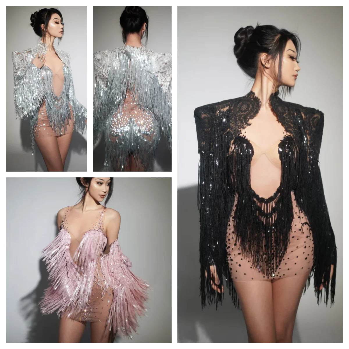 Rhinestone Sequin Fringe Mini Dress & Feather Shawl 2-Piece Stage Costume Set