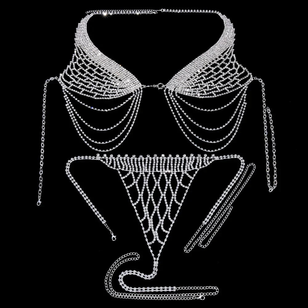 Rhinestone Tassel Bra & Thong Jewelry Set