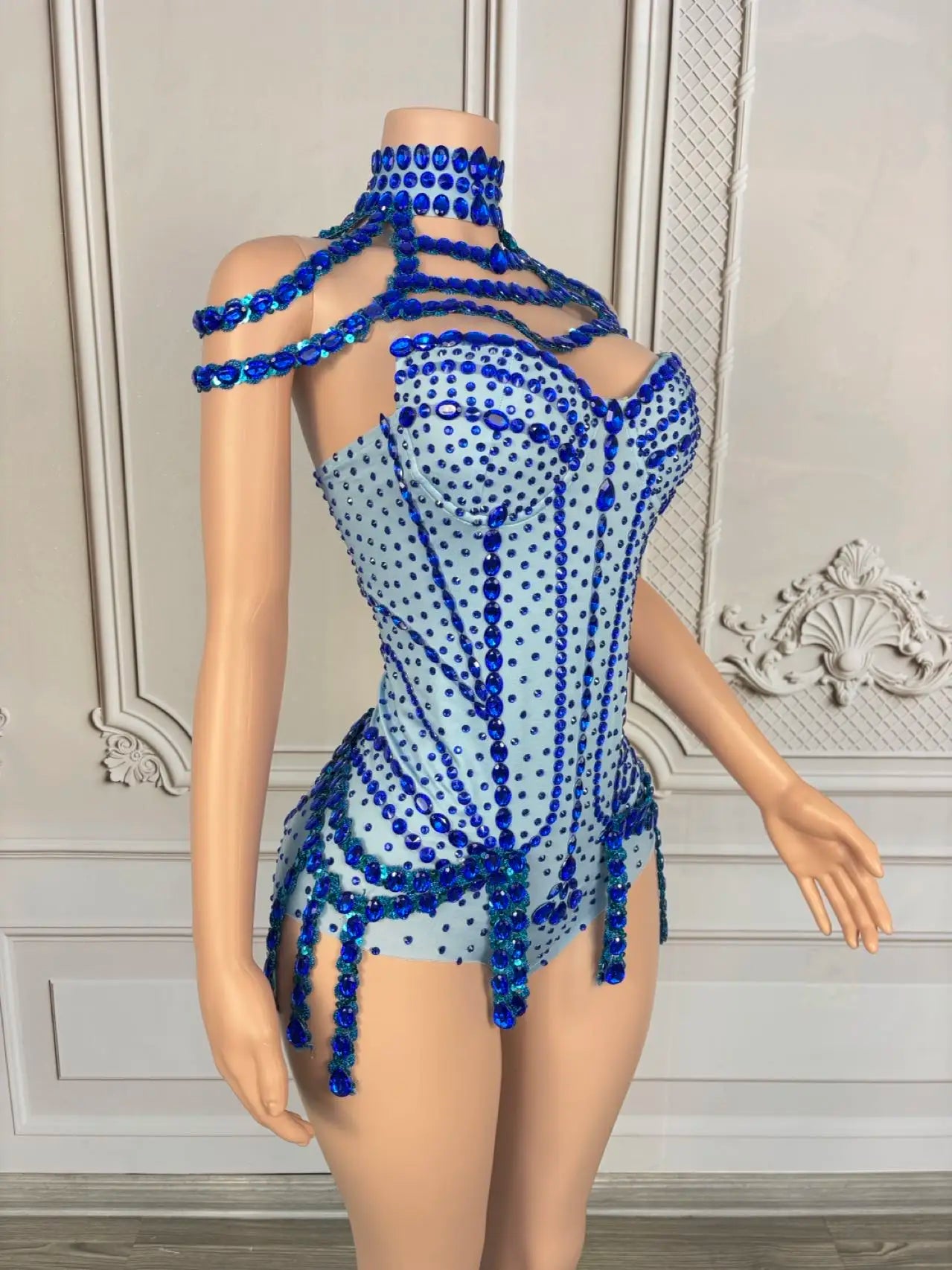 Sparkly Rhinestone Tassel Spandex Bodysuit Halter Dance Stage Costume Leotard