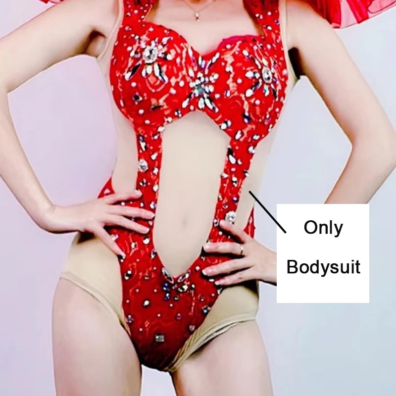 Hollow-Out Rhinestone Bodysuit & Feathered Layered Skirt Carnival Costume Set