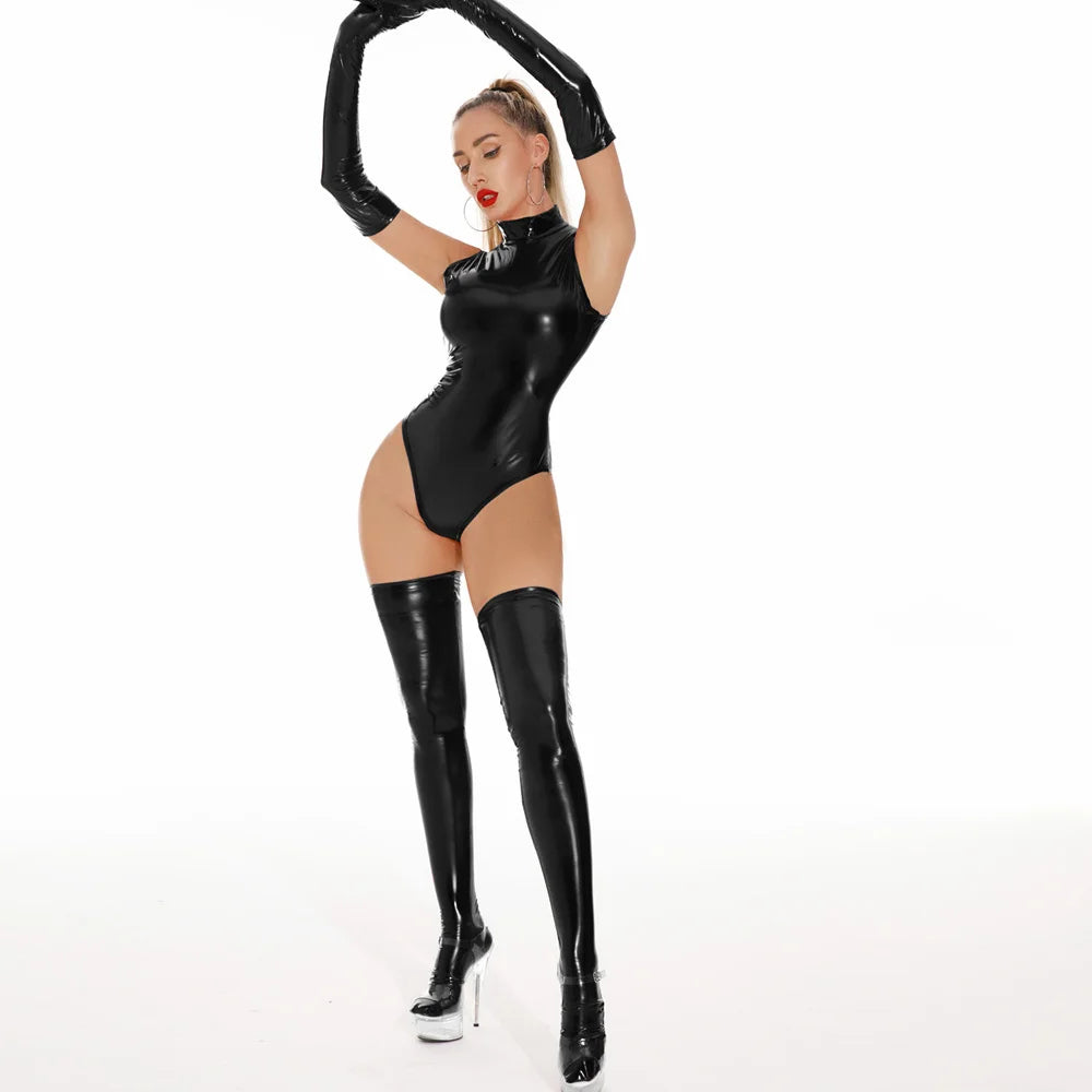 Glossy PU Faux Leather High-Cut Bodysuit, Gloves & Stockings Set