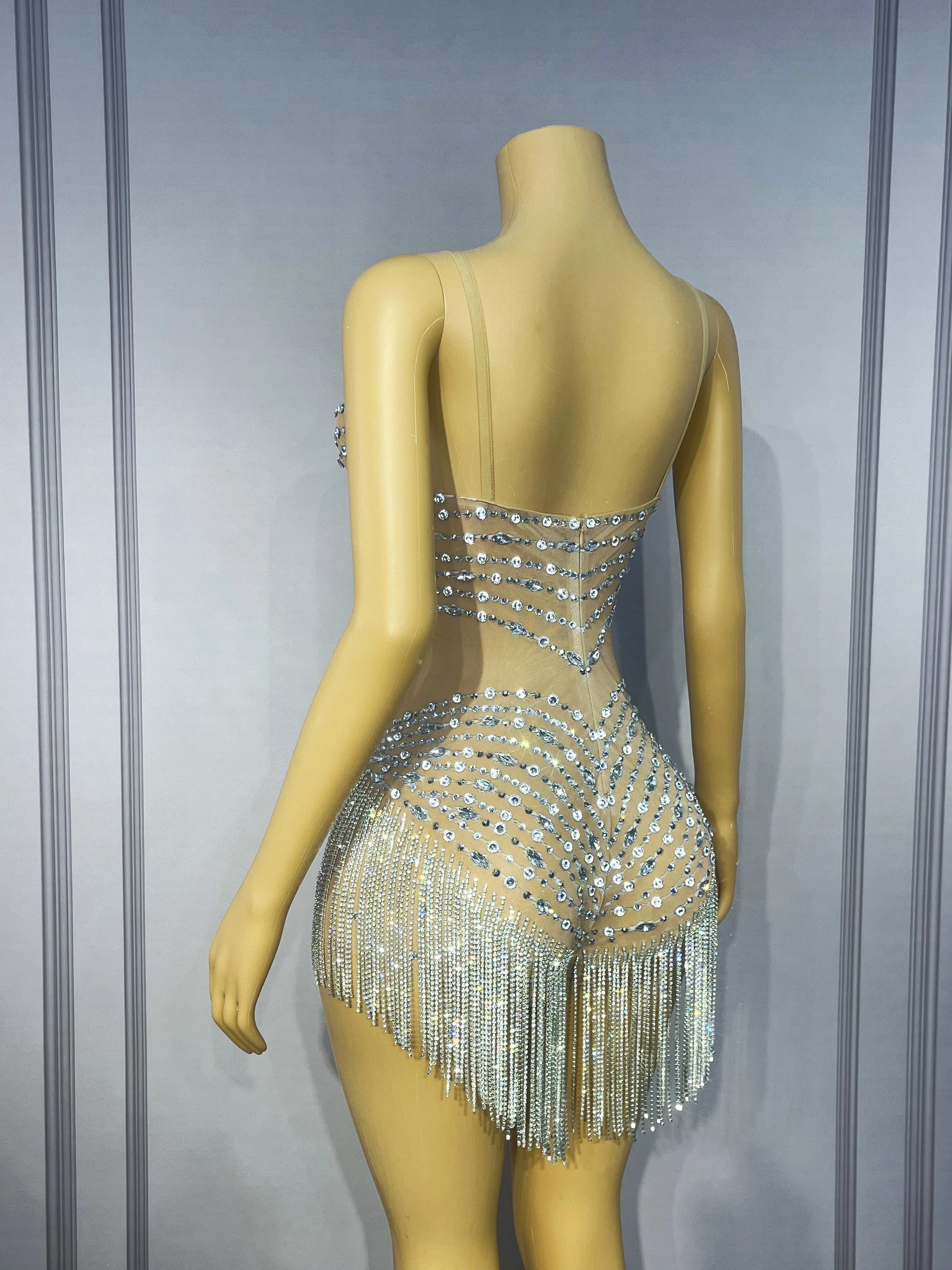 Flashing Crystal Rhinestone Chain Sheer Nude Mesh Stage Bodysuit Dance Leotard