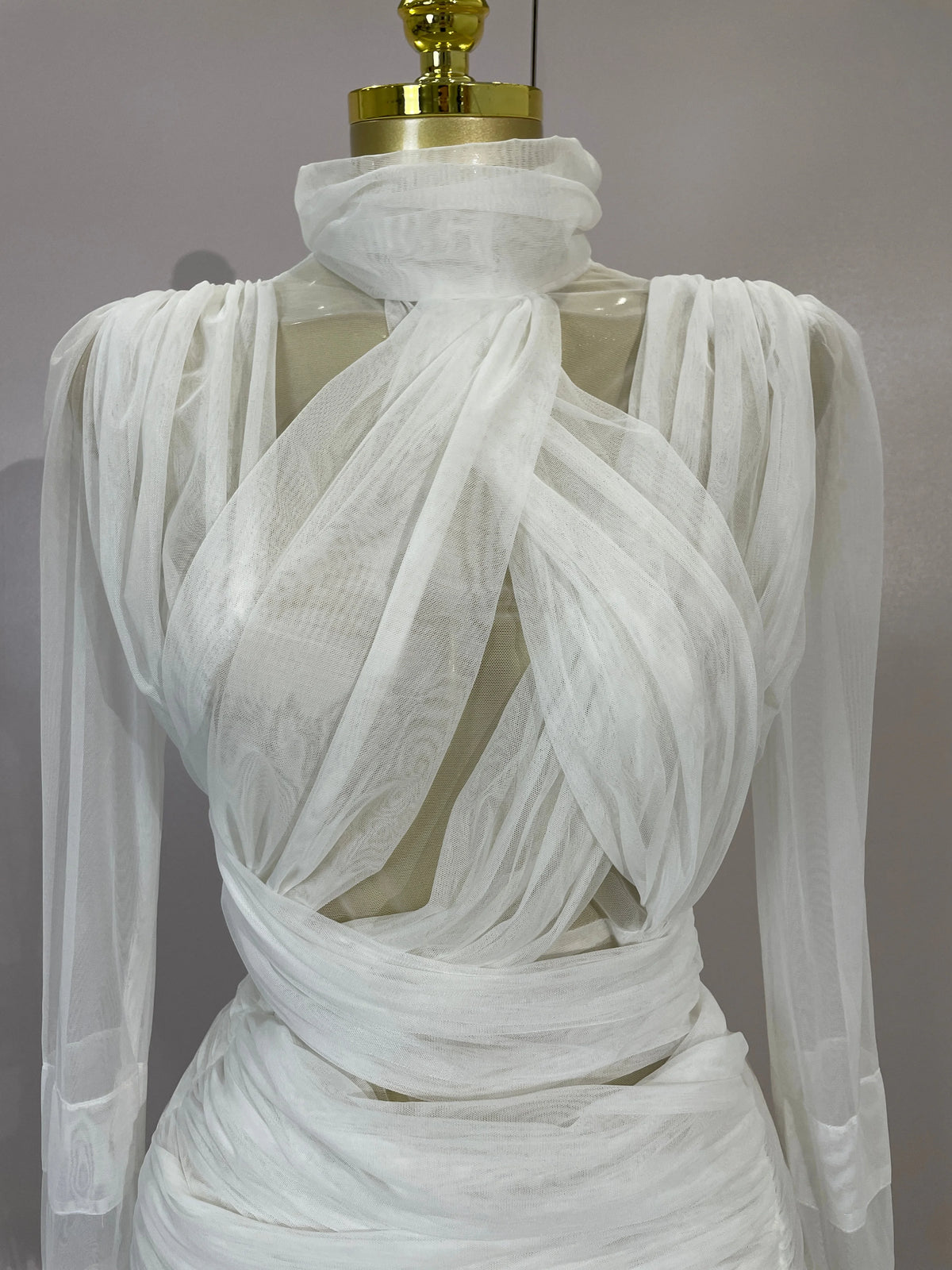 White High Collar Long Sleeve Solid Mesh Sexy See Through Ruffle Mini Dress