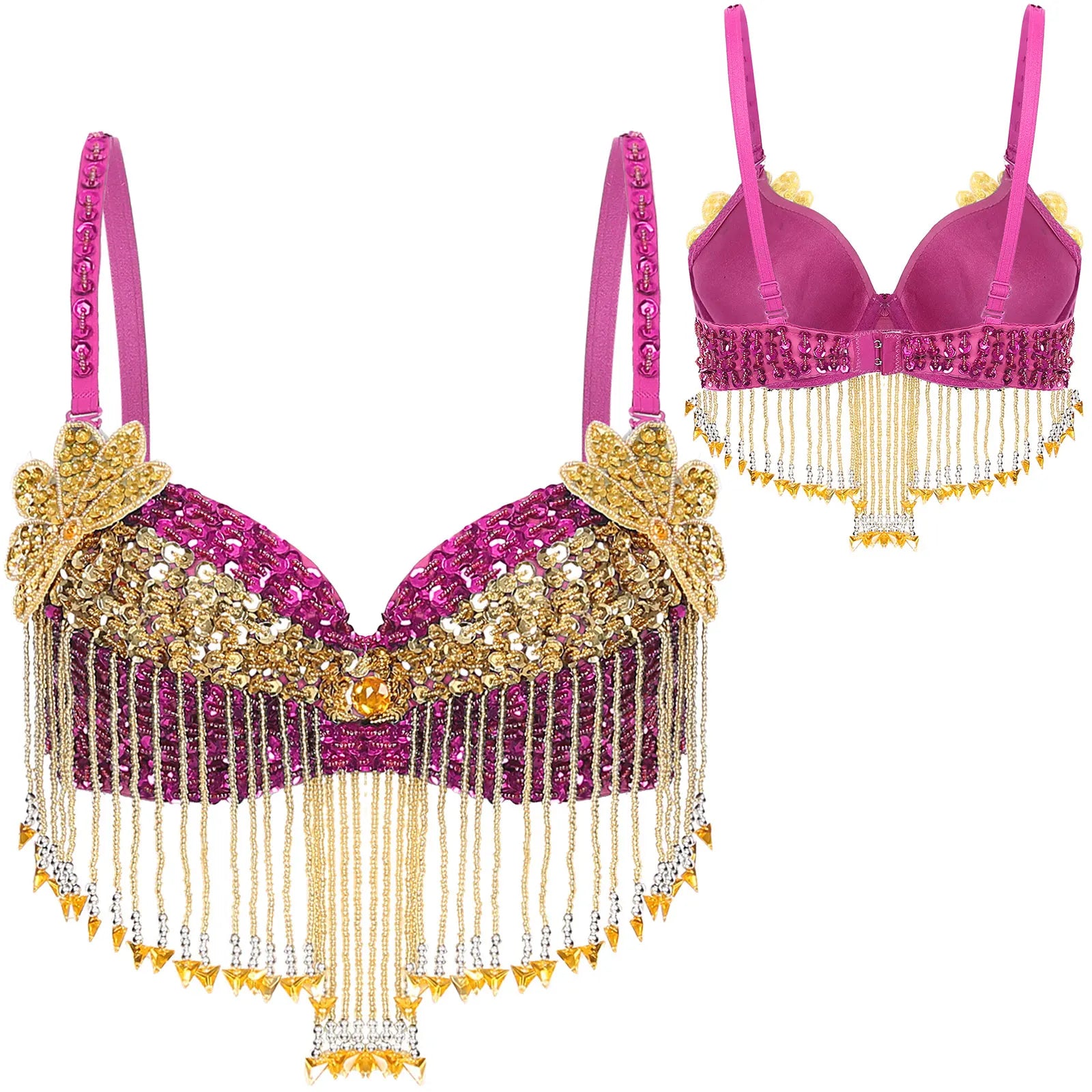 Sparkly Floral Beaded Sequin Belly Dance Bra & Tassel Performance Top