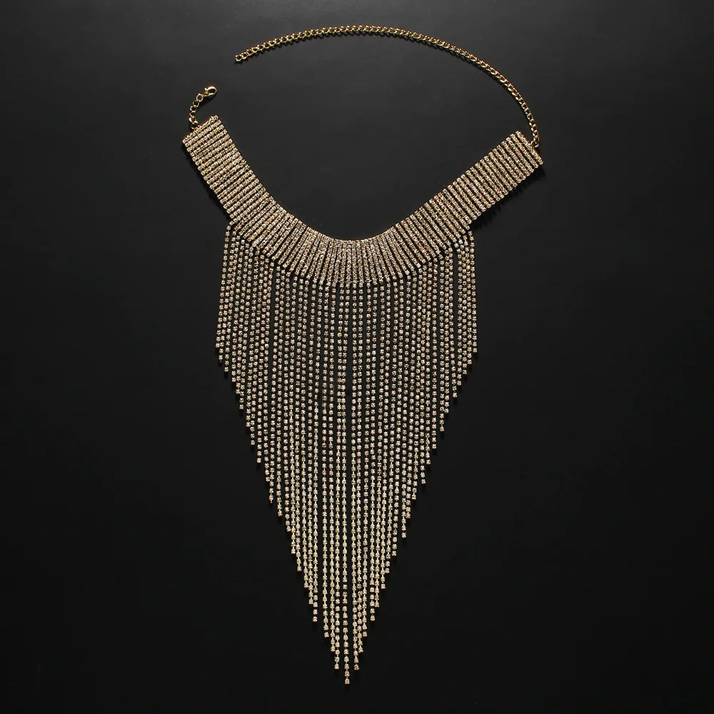 Rhinestone Fringe Tassel Choker Chain Necklace